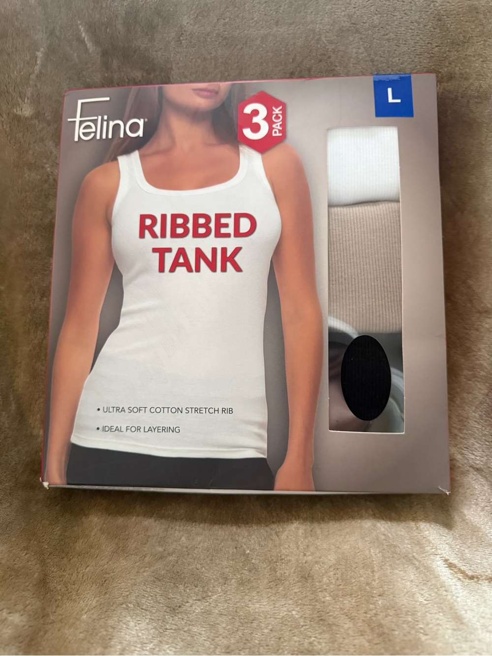 Felina NWT Women’s Sz L 3-Pack Seamless Tank Set - White, Beige, Black